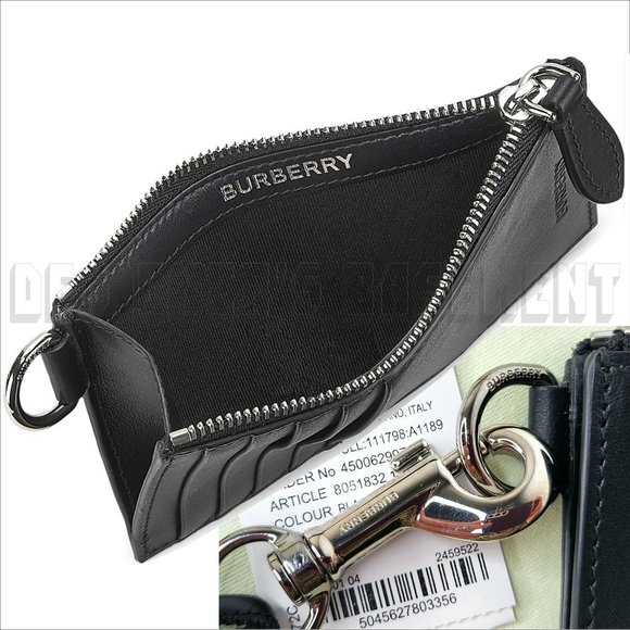BURBERRY black calf Leather w​hite Slogan Print Card Case on Lanyard sling NWT - Picture 6 of 8